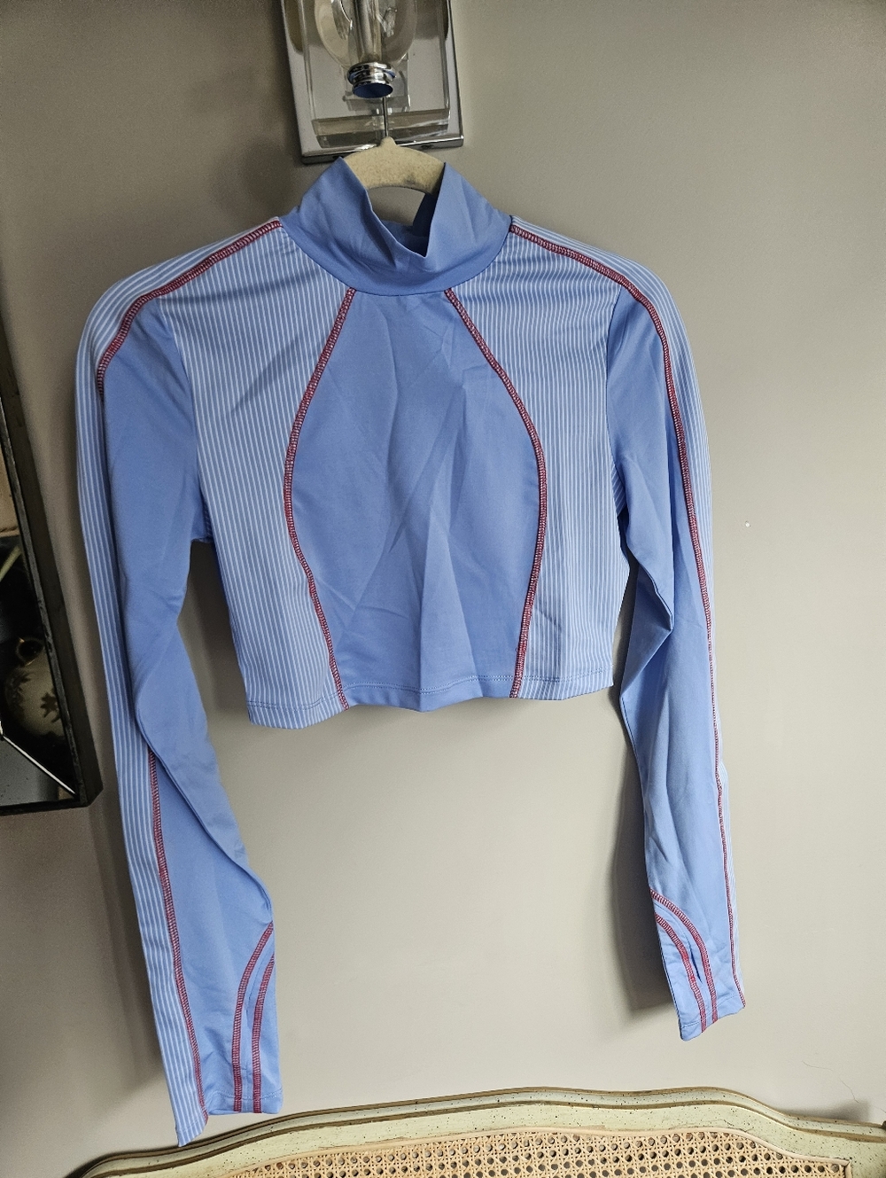 NWT H&M Light Blue Cropped Long-Sleeve Top with Red Contrast Stitching